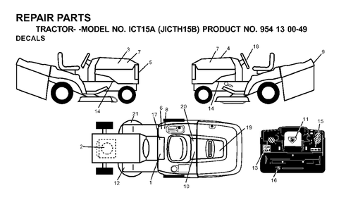 Decals Diagram and Parts List for ICT15A (954130049-B)(2001-02) Jonsered Lawn Tractor
