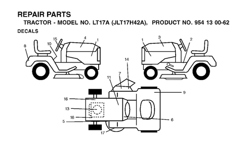 Decals Diagram and Parts List for LT17A (954130062)(2002-06) Jonsered Lawn Tractor