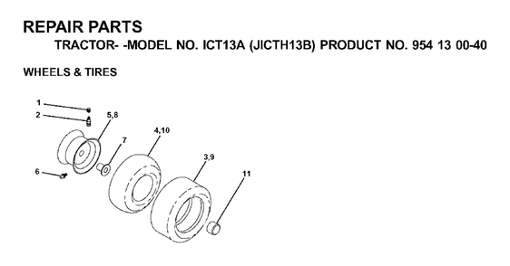 Wheels Tires Diagram and Parts List for ICT13A (954130040)(2000-04) Jonsered Lawn Tractor