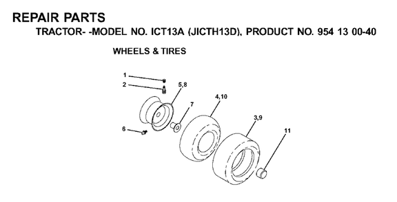 Wheels Tires Diagram and Parts List for ICT13A (954130040-D)(2001-02) Jonsered Lawn Tractor