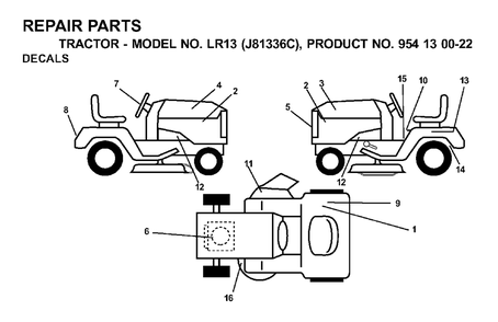 Decals Diagram and Parts List for LR13 (954130022)(2000-03) Jonsered Lawn Tractor
