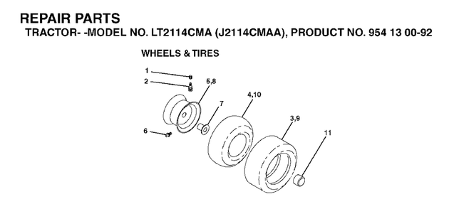 Wheels Tires Diagram and Parts List for LT2114CMA (954130092-A)(2003-01) Jonsered Lawn Tractor