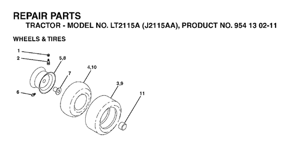Wheels Tires Diagram and Parts List for LT2115A (954130211)(2004-01) Jonsered Lawn Tractor