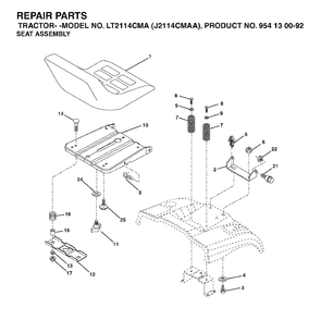 Seat Diagram and Parts List for LT2114CMA (954130092-A)(2003-01) Jonsered Lawn Tractor