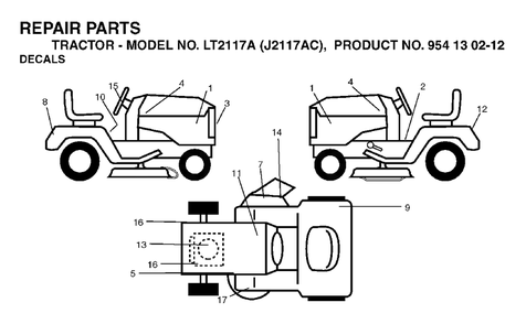 Decals Diagram and Parts List for LT2117A (954130212)(2004-06) Jonsered Lawn Tractor