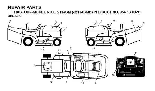 Decals Diagram and Parts List for LT2114CM (954130091)(2003-05) Jonsered Lawn Tractor