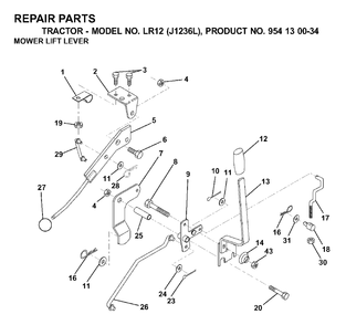 Mower Lift Lever Diagram and Parts List for LR12 (954130034)(2000-03) Jonsered Lawn Tractor