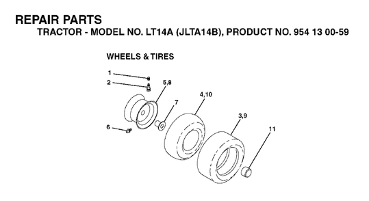 Wheels Tires Diagram and Parts List for LT14A (954130059)(2003-01) Jonsered Lawn Tractor