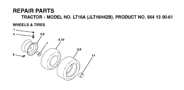 Wheels Tires Diagram and Parts List for LT16A (954130061)(2002-03) Jonsered Lawn Tractor