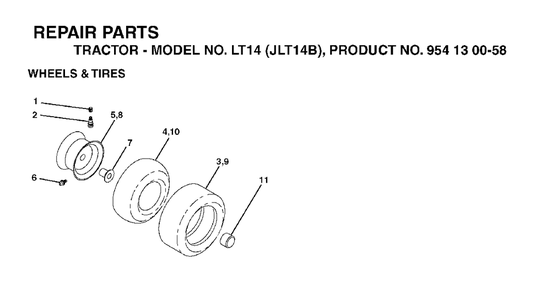 Wheels Tires Diagram and Parts List for LT14 (954130058)(2003-01) Jonsered Lawn Tractor