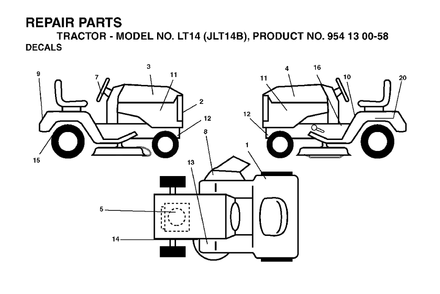 Decals Diagram and Parts List for LT14 (954130058)(2003-01) Jonsered Lawn Tractor
