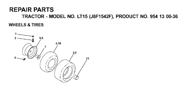 Wheels Tires Diagram and Parts List for LT15 (954130036)(2000-04) Jonsered Lawn Tractor