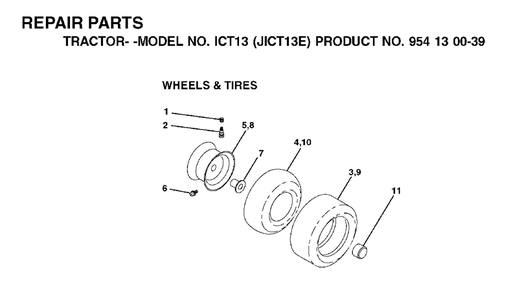 Wheels Tires Diagram and Parts List for ICT13 (954130039)(2001-09) Jonsered Lawn Tractor