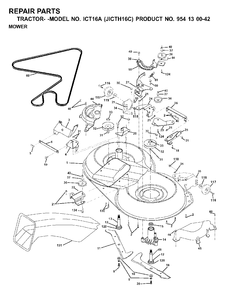 Mower Deck / Cutting Deck Diagram and Parts List for ICT16A (954130042)(2000-02) Jonsered Lawn Tractor