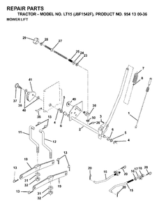 Mower Lift / Deck Lift Diagram and Parts List for LT15 (954130036)(2000-04) Jonsered Lawn Tractor
