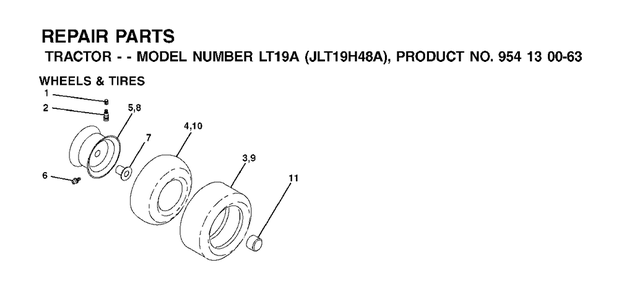 Wheels Tires Diagram and Parts List for LT19A (954130063)(2002-02) Jonsered Lawn Tractor