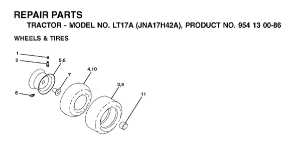 Wheels Tires Diagram and Parts List for LT17A (954130086)(2003-01) Jonsered Lawn Tractor