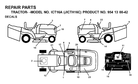 Decals Diagram and Parts List for ICT16A (954130042)(2000-02) Jonsered Lawn Tractor