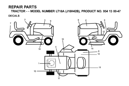 Decals Diagram and Parts List for LT18A (954130047-B)(2001-01) Jonsered Lawn Tractor