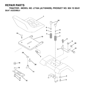 Seat Diagram and Parts List for LT16A (954130061)(2002-03) Jonsered Lawn Tractor