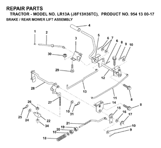 Brake / Rear Mower Lift Diagram and Parts List for LR13A (954130017)(2000-02) Jonsered Lawn Tractor
