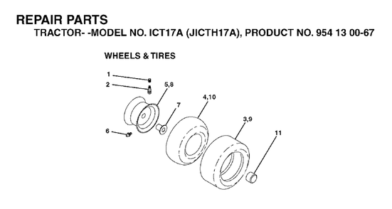 Wheels Tires Diagram and Parts List for ICT17A (954130067)(2002-02) Jonsered Lawn Tractor