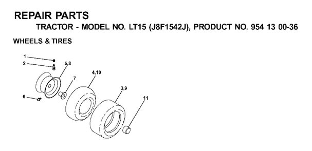 Wheels Tires Diagram and Parts List for LT15 (954130036-J)(2001-01) Jonsered Lawn Tractor