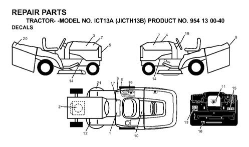 Decals Diagram and Parts List for ICT13A (954130040)(2000-04) Jonsered Lawn Tractor