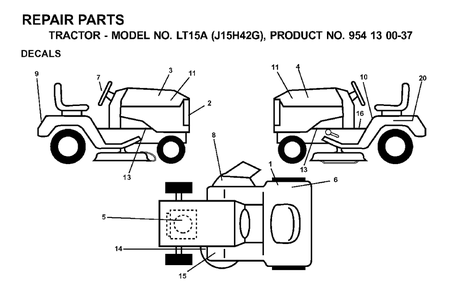 Decals Diagram and Parts List for LT15A (954130037-G)(2000-04) Jonsered Lawn Tractor