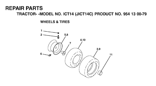 Wheels Tires Diagram and Parts List for ICT14 (954130079)(2002-06) Jonsered Lawn Tractor