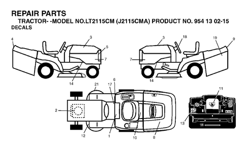 Decals Diagram and Parts List for LT2115CM (954130215)(2004-01) Jonsered Lawn Tractor