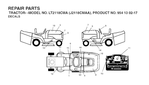 Decals Diagram and Parts List for LT2118CMA (954130217)(2004-01) Jonsered Lawn Tractor