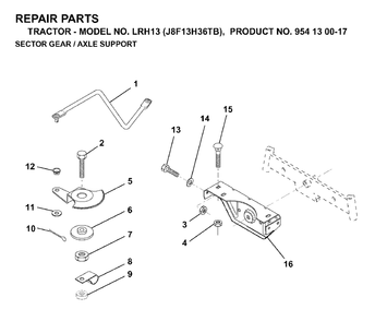 Sector Gear / Axle Support Diagram and Parts List for LRH13 (954130017)(1998-12) Jonsered Lawn Tractor