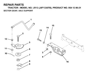 Sector Gear / Axle Support Diagram and Parts List for LR13 (954130021)(1998-12) Jonsered Lawn Tractor