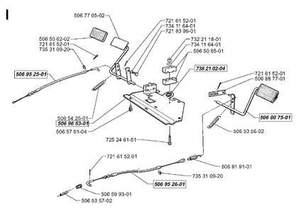 Pedals Diagram and Parts List for FR13 1998-06 Jonsered Lawn Tractor
