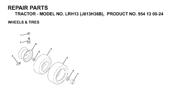 Wheels Tires Diagram and Parts List for LRH13 (954130024)(1998-12) Jonsered Lawn Tractor