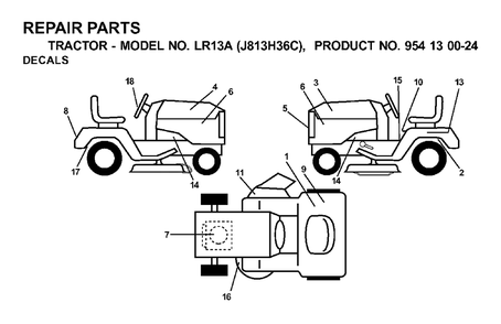 Decals Diagram and Parts List for LR13A (954130024)(2000-03) Jonsered Lawn Tractor