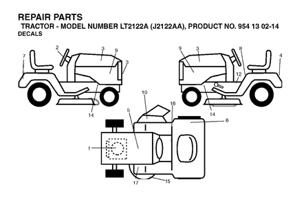 Decals Diagram and Parts List for LT2122A (954130214)(2004-01) Jonsered Lawn Tractor