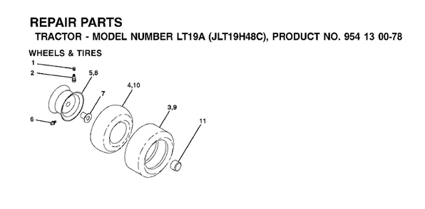 Wheels Tires Diagram and Parts List for LT19A (954130078)(2002-09) Jonsered Lawn Tractor