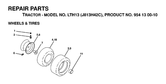 Wheels Tires Diagram and Parts List for LTH13 (954130010)(1998-12) Jonsered Lawn Tractor