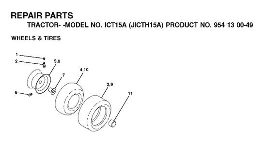 Wheels Tires Diagram and Parts List for ICT15A (954130049-A)(2001-02) Jonsered Lawn Tractor