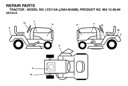 Decals Diagram and Parts List for LT2114A (954130084)(2003-05) Jonsered Lawn Tractor