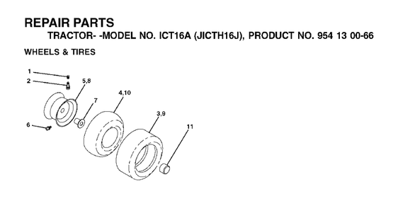 Wheels Tires Diagram and Parts List for ICT16A (954130066-J)(2002-06) Jonsered Lawn Tractor