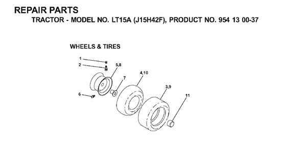 Wheels Tires Diagram and Parts List for LT15A (954130037-F)(2000-04) Jonsered Lawn Tractor