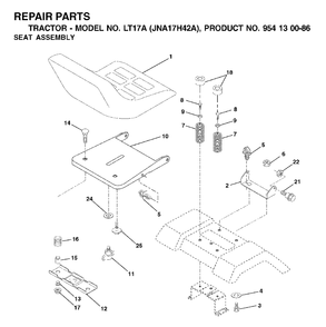 Seat Diagram and Parts List for LT17A (954130086)(2003-01) Jonsered Lawn Tractor