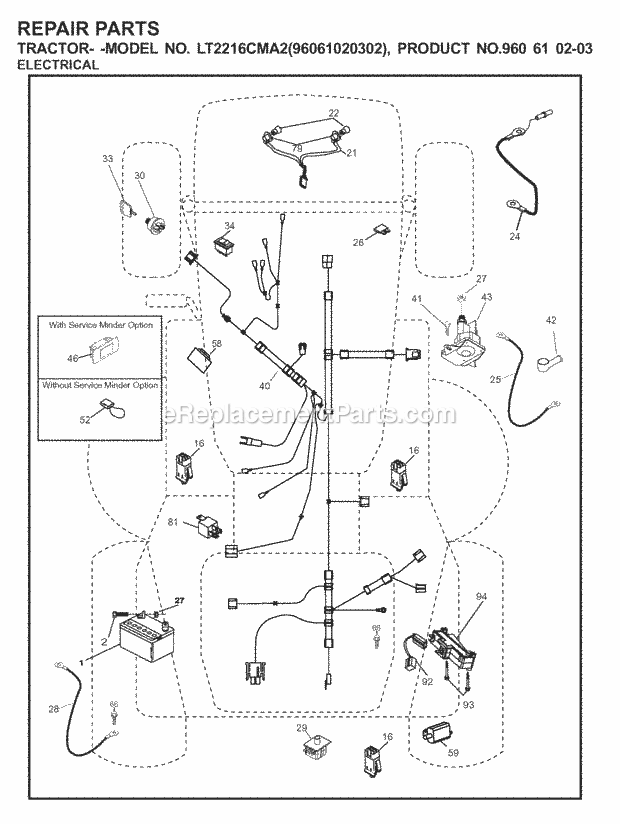 Electrical Diagram and Parts List for LT2216CMA2 (960610203-96061020302)(2008-01) Jonsered Lawn Tractor