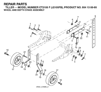 Wheel Depth Stake Assembly Diagram and Parts List for CT2105F (954130095)(2004-01) Jonsered Tiller