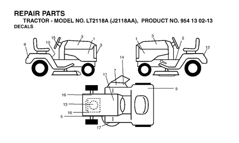 Decals Diagram and Parts List for LT2118A (954130213)(2004-01) Jonsered Lawn Tractor