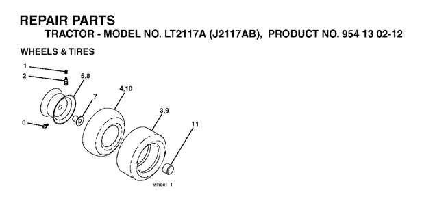 Wheels Tires Diagram and Parts List for LT2117A (954130212)(2004-01) Jonsered Lawn Tractor