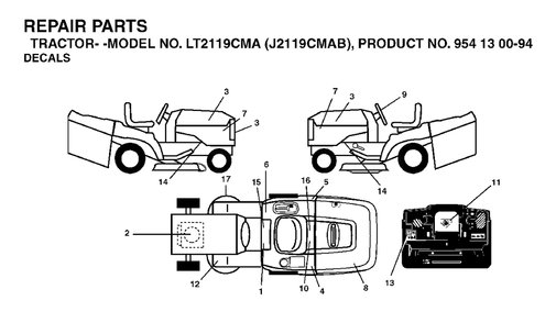 Decals Diagram and Parts List for LT2119CMA (954130094)(2003-05) Jonsered Lawn Tractor